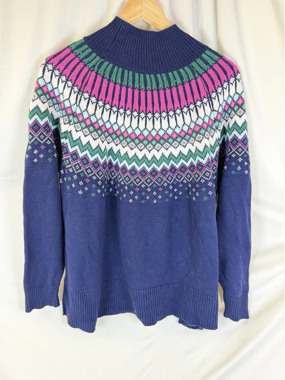 Crown & Ivy Fair Isle Mock Neck Sweater Navy Pink Green White Women's M Oversize